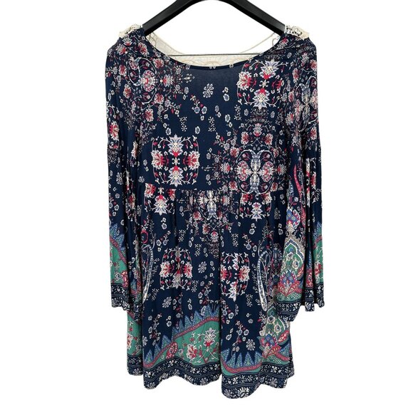 Entro Floral Boho Dress Mini Relaxed Navy Blue Bell Long Sleeve Babydoll Small - Picture 1 of 9
